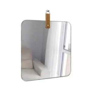 Espelho Quadrado Decorativo 45cm Com Pendurador Em Couro