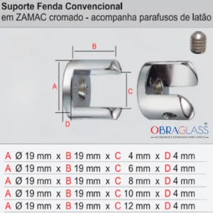 SUPORTE FENDA BOCA EM METAL PARA PRATELEIRA DE VIDRO 4MM BLINDEX OBRAGLASS GABARITO DESICON WR